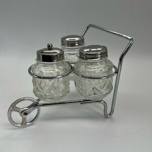 Vintage Glass Salt Sugar Pepper Metal Frame 331 Wheelbarrow Cart Caddy